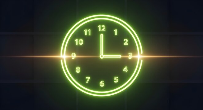 Bright neon green wall clock glowing in the dark showing three o clock time as a symbol for modern digital efficiency