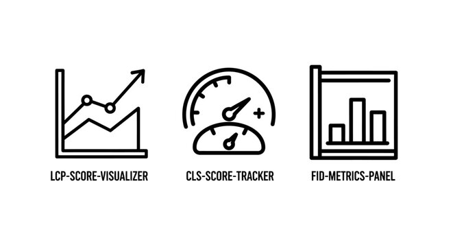 Set of website performance metric icons for core web vitals including lcp chart cls gauge fid bar graph analysis performance analysis tracking optimization statistics dashboard interface