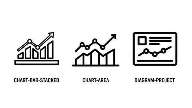 Set of business analytics icons showing stacked bar chart area graph and project diagram with business analytics statistics performance presentation marketing corporate financial analysis