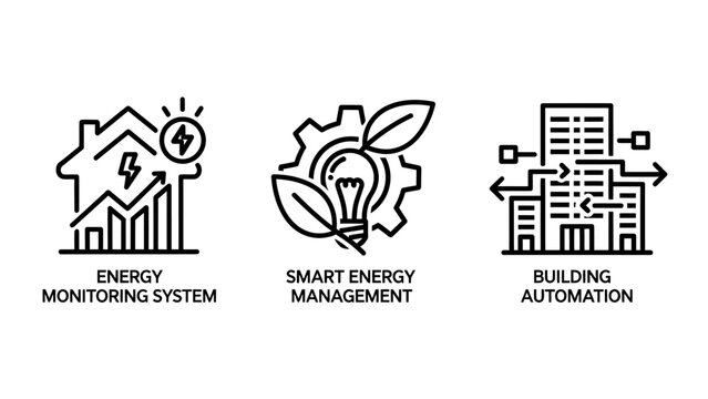 Smart energy and building management automation icons set with smart home management system monitoring system management tools green energy smart grid management automation monitoring