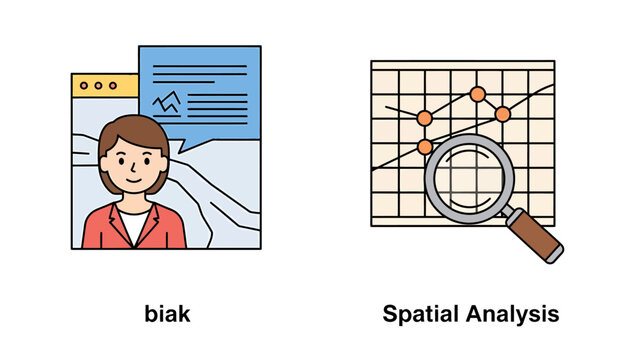 Data analysis icons featuring user persona biak and spatial analysis magnifying research statistics information business marketing technology investigation exploration colorful