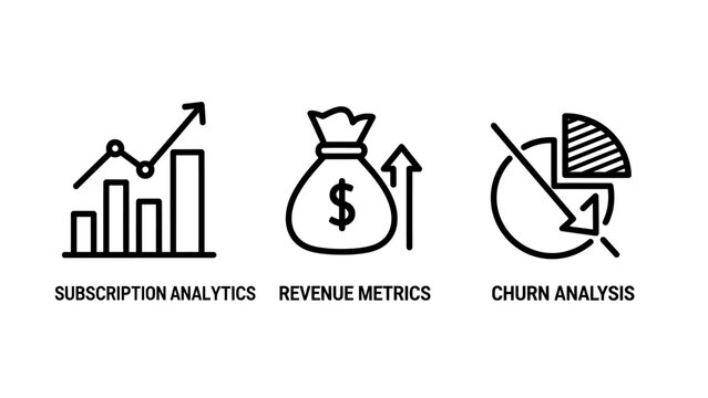 Set of business analytics and financial metrics icons including subscription growth revenue increase and churn analysis analytics business subscription investment marketing performance
