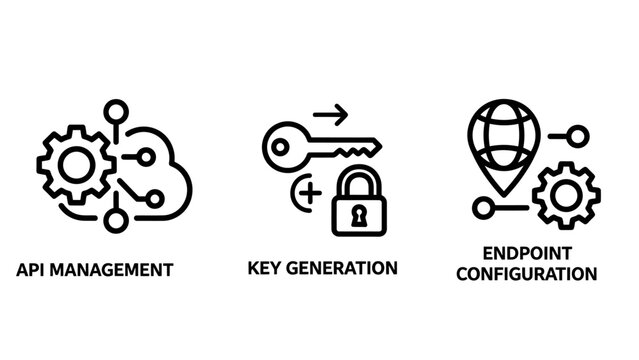 Digital infrastructure and cybersecurity icon set covering api management key generation endpoint configuration with management security encryption configuration generation endpoint software