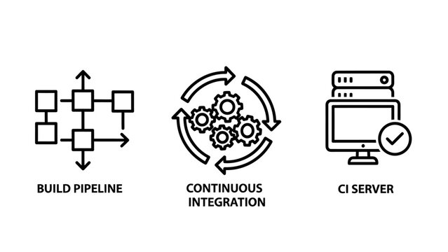 Dev ops continuous integration and build pipeline system icons with continuous integration pipeline software development automation workflow deployment computer technology engineering