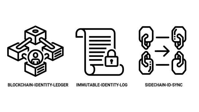 Blockchain identity ledger and immutable identity log sync line icon set with blockchain identity immutable cryptography security decentralized technology connection verification encryption