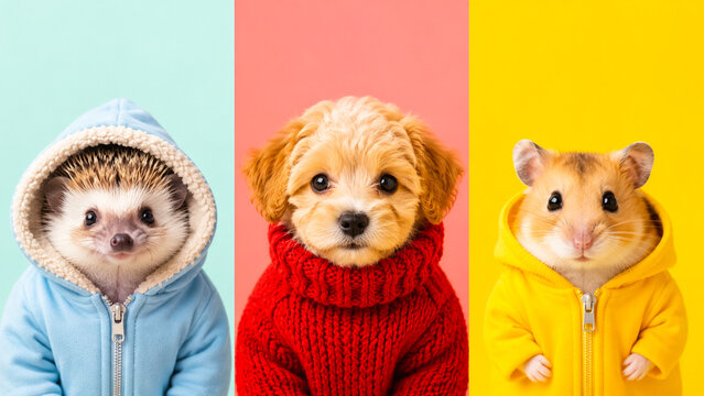 Cute pets wearing colorful winter clothes on bright pastel backgrounds.