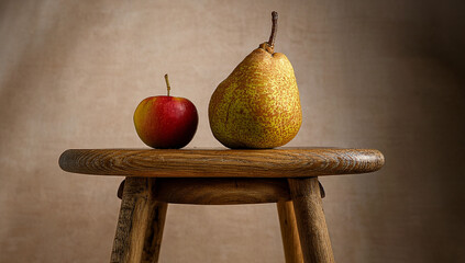 Still life of apple and pear on wooden stool top © MUBI