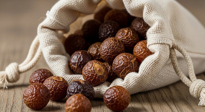 Soapnuts spilling from a cotton bag on a wooden surface