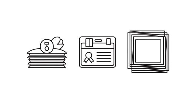 Administrative and certification icons showing document stack award badge and framing elements with administrative certification document certificate paperwork clerical achievement recognition
