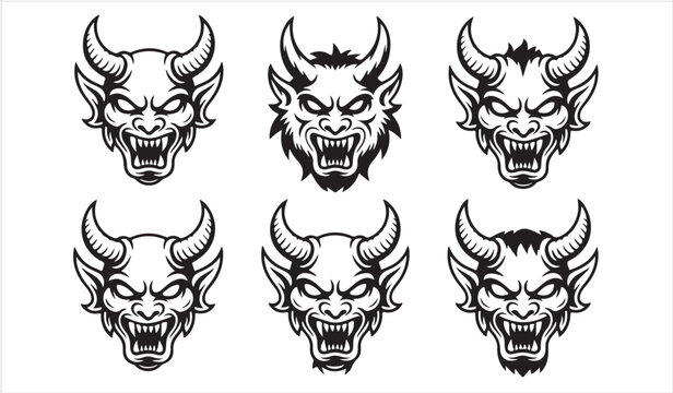 Angry Devil Face Outline Set