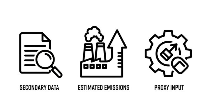 Data analysis industrial emissions and proxy input process icons with analysis emissions industry document research environment pollution reporting investigation statistics manufacturing