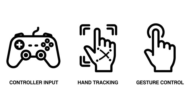 Interactive control icons set featuring gaming controller hand tracking and gesture control symbols controller tracking interface interaction technology computer joystick hardware software