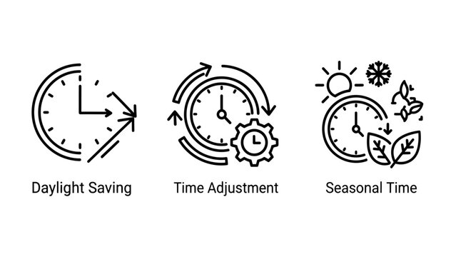 Time management and daylight saving concept line icons for seasonal time changes and clock adjustment with daylight adjustment seasonal management schedule snowflake duration calendar deadline