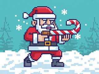 Naklejka premium Pixel art Santa Claus holding a giant candy cane in a snowy scene.