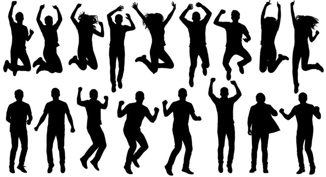 Collection of joyful people silhouettes jumping.
