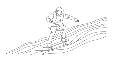 Obraz premium Continuous line art of man skateboarding on wavy terrain with one line draw