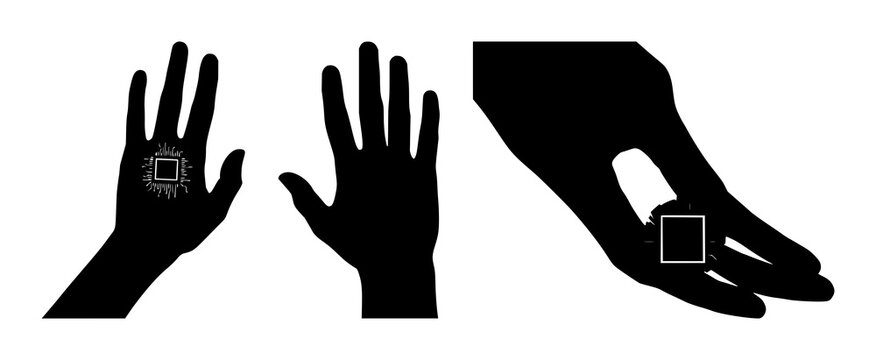 Bio-hacking microchip implant set with a solid black silhouette featuring transhumanism, cyborg, innovation with technology and futuristic design