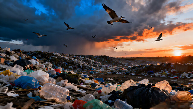 Massive Landfill at Sunset with Plastic Waste and Scavenging Birds, Concept of Global Pollution Crisis, Environmental Degradation and Sustainability Challenges, 4k