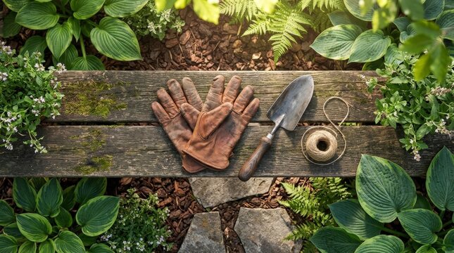 Gardening tools on a wooden bench surrounded by plants