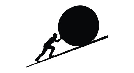 Man pushing large boulder up hill black silhouette © MDSAJIB