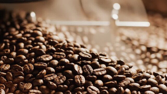 Freshly roasted coffee beans in a professional roaster