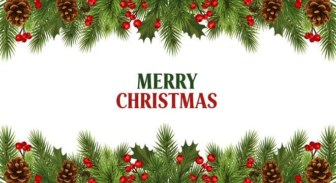 Merry christmas wishes with evergreen border and pine cones