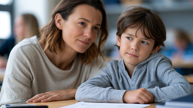 Teacher kneels beside academically advanced third-grader showing boredom at too-easy worksheet, gifted student underchallenge, classroom differentiation gap, enrichment program need, public school r