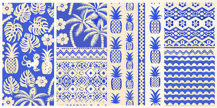 tropical floral and animal pattern with blue and white colors
