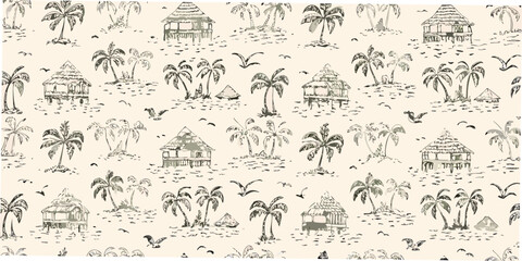 Tropical island pattern with palm trees and huts hand drawn style © Arabinda