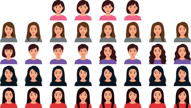 Diverse Female Character Faces Set with Various Hairstyles and Expressions for Digital Avatars, Social Media Icons, and Profile Pictures