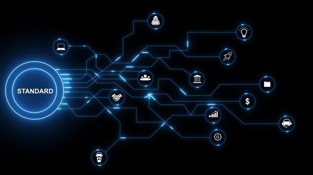 Standard network with glowing blue circuit board and icons certification. Standard Quality Certification for Digital Networks, Innovation, and Futuristic Technology on black baground.4k motion video.