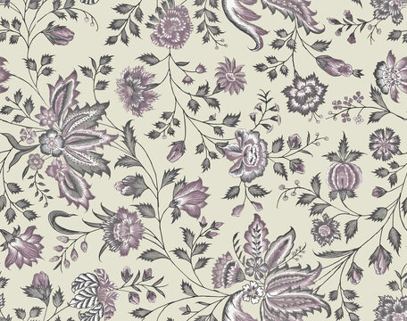 Allover pattern with a pinkish flowers bail work and antique style work seamless pattern digital all over design Cream Background Febric Print Textile Mother Collection Designe