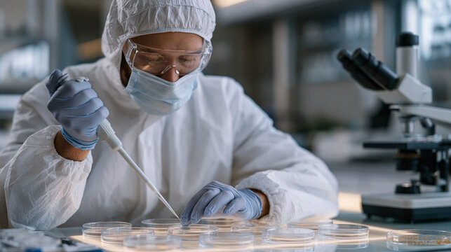 Laboratory scientist in full sterile gown pipetting sample cultures into petri dishes arranged in precise grid on illuminated bench surface, gut microbiome research facility with microscope and sequ