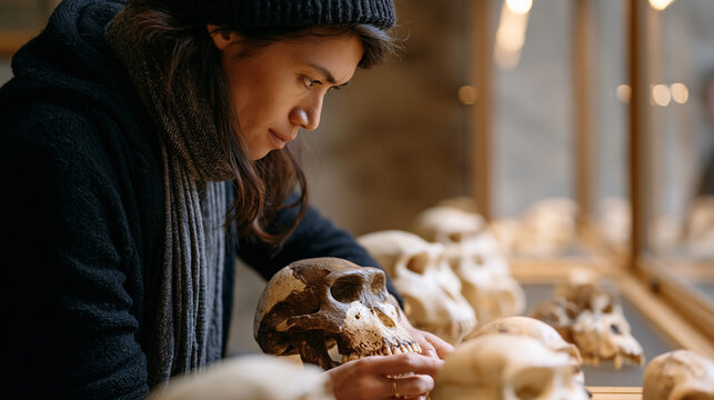 Human evolution exhibit curator arranging replica hominid skull casts in natural history museum display case, science communication, public education, heritage institution, paleontology outreach ult