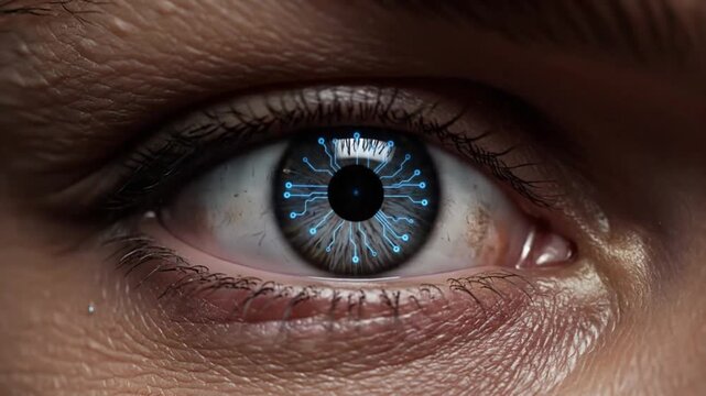 Close-up of a human eye with a futuristic blue digital iris, representing advanced technology and artificial intelligence.