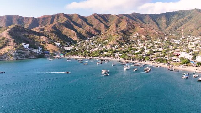 Aerial View of Taganga and Tayrona Coast &ndash; Cinematic Caribbean Nature near Santa Marta in Colombia