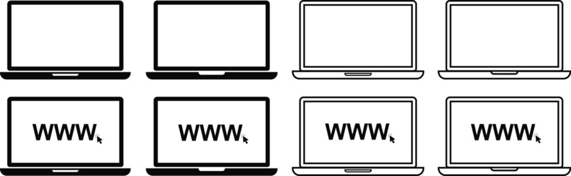 Laptop computer icons set with blank screens and web browser symbols, electronic device illustrations for technology and internet marketing design, black vector signs in solid and outline style