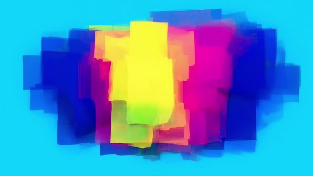 Vibrant overlapping rectangles with glitch effect on cyan background