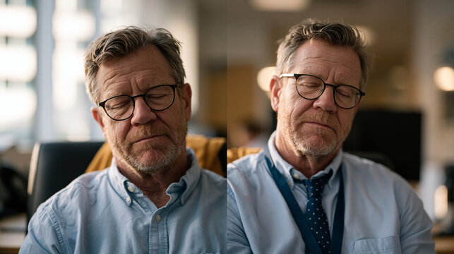 Before and after conceptual diptych of same male patient in primary care office, first image showing visible exhaustion with labored breathing and second showing improved posture after air quality i