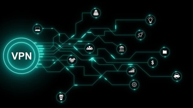 VPN network with glowing cyan circuit board and icons virtual private network security. VPN digital network security with lock and glowing circuit board abstract technology on black background.