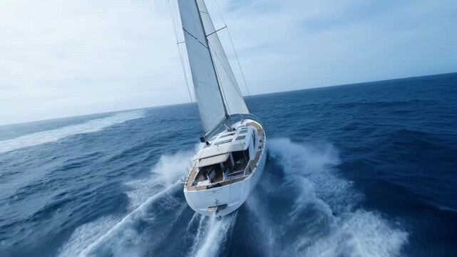 Sailboat racing through ocean waves with full sails deployed