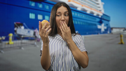 Fototapeta premium Woman smiling holding cupcake hand to mouth at port dock with cruise ship in view; surprise travel snack.