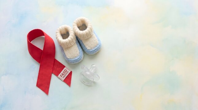 FASD Awareness Ribbon with Baby Shoes and Pacifier &ndash; Maternal Health Campaign Concept