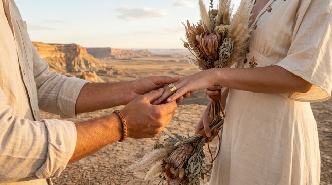 Man proposing with ring in desert landscape