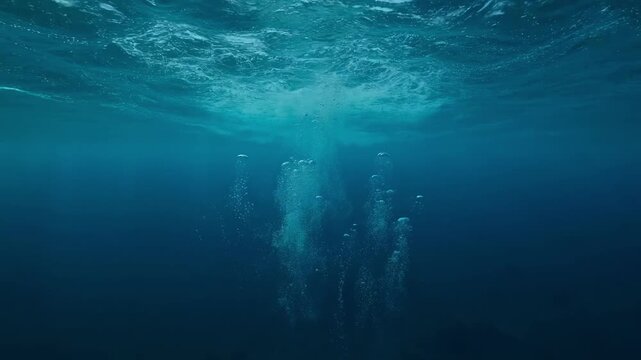 Underwater view ascending toward ocean surface with light rays