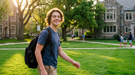 Fototapeta premium A happy male student with a backpack walking across a lush green university campus during sunset, feeling excited about his first day of college and higher education studies.