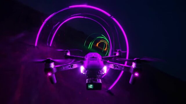 FPV racing drone flying through neon lit tunnel at night
