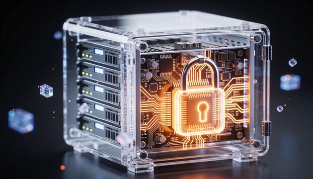 3D render of a translucent holographic server rack projection overlaid with a glowing padlock, drifting holographic data ribbon streams, dark futuristic backdrop, vibrant color scheme, logo-free, high