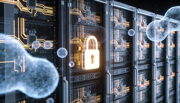 3D render of a translucent holographic server rack projection overlaid with a glowing padlock, drifting holographic data ribbon streams, dark futuristic backdrop, vibrant color scheme, logo-free, high