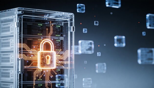 3D render of a translucent holographic server rack projection overlaid with a glowing padlock, drifting holographic data ribbon streams, dark futuristic backdrop, vibrant color scheme, logo-free, high
